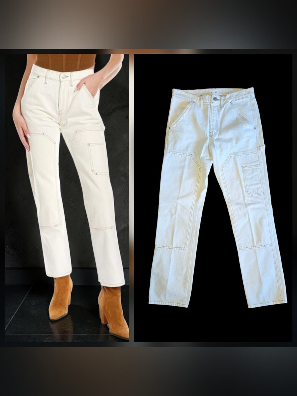 Frame Jeans Women Le Slouch Utility Patch Cargo Carpenter Sz 27 (32x30) White
